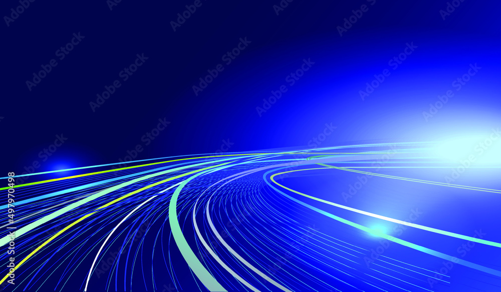 Deep blue banner with glowing neon blue yellow lines, multicolor in blue tones and shades, illuminated high speed traffic motion road at night, high speed effect