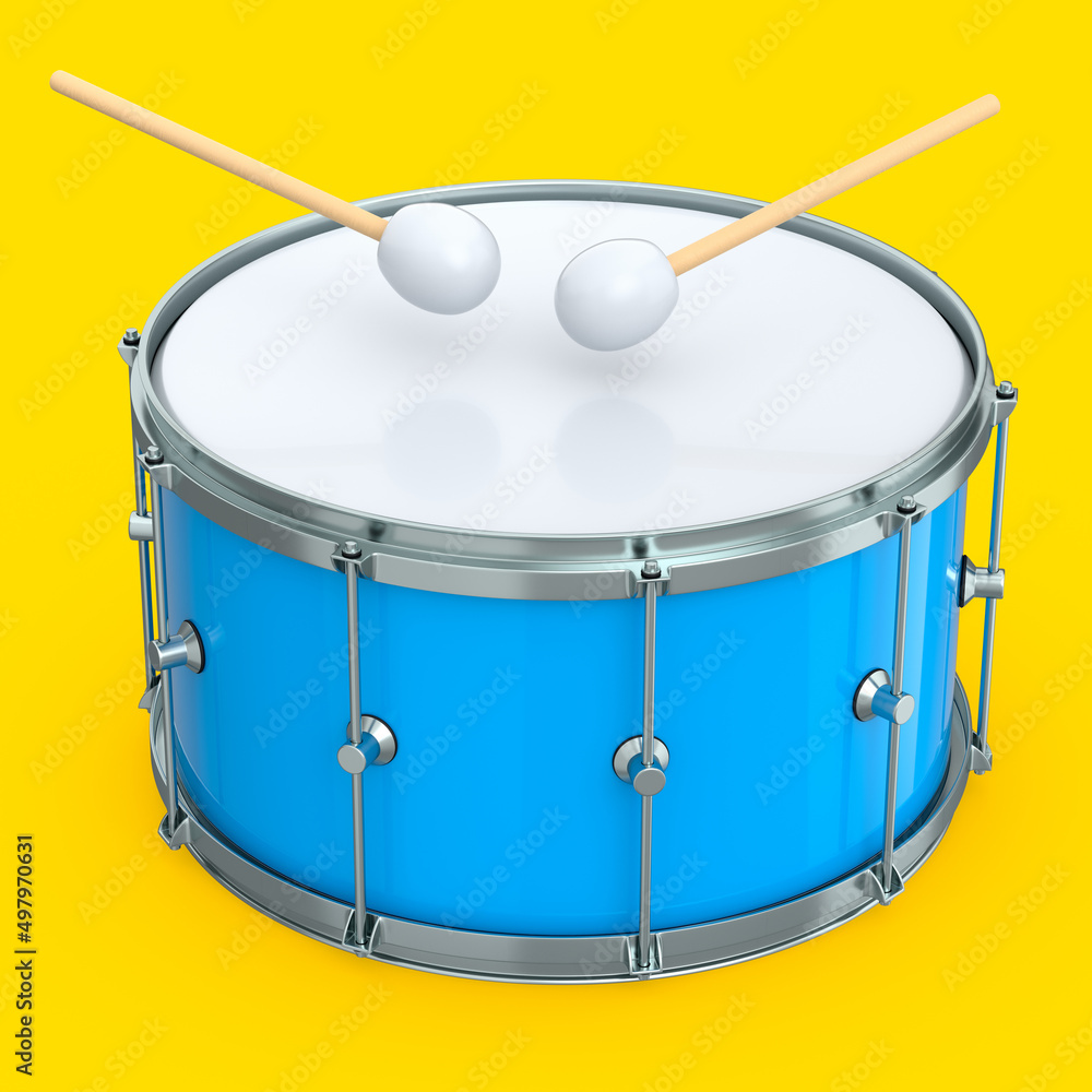 Realistic drum and wooden drum sticks on yellow. 3d render of musical instrument Realistic drum and wooden drum sticks on yellow. 3d render of musical instrument