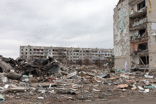 War in Ukraine. Ruined houses of Borodianka, Ukraine