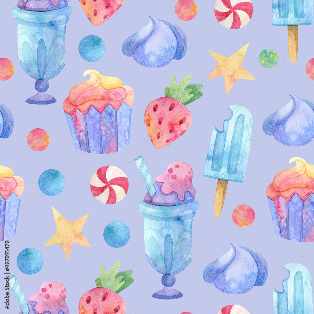 Watercolor illustration. Seamless pattern. Sweet food. Ice cream. Blue background.