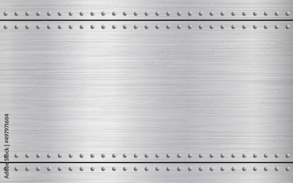 Metal rivets background. Polished steel with scratches. Bright metallic texture with light effect. Silver industrial wallpaper. Metal sheet template. Vector illustration