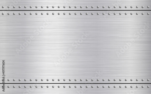 Metal rivets background. Polished steel with scratches. Bright metallic texture with light effect. Silver industrial wallpaper. Metal sheet template. Vector illustration