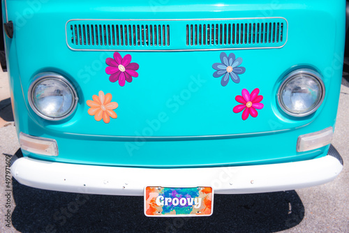 front of turquoise van with colorful daisy flowers © Tamela