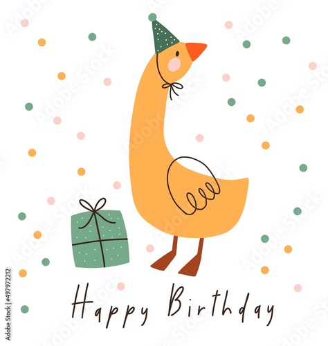 Canvas Print Happy birthday card with cute duck in a hat