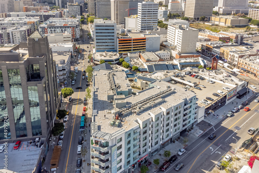 Little Tokyo Los Angeles, CA, LA County, April 7, 2022: Aerial View of Little Tokyo Los Angeles with Little Tokyo Market Place, Downtown LA
