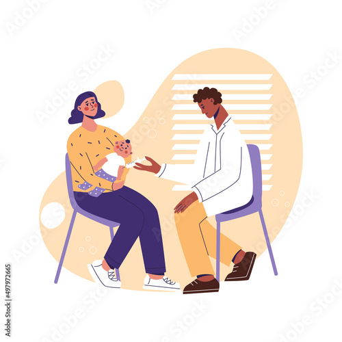 Children vaccination. Mother with baby in hospital. Pediatrician african american doctor make injection of flu or immunization. Healthcare, preventation, treatment vector flat illustration