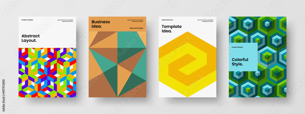 Fototapeta premium Premium handbill A4 design vector template composition. Unique mosaic pattern corporate brochure illustration set.
