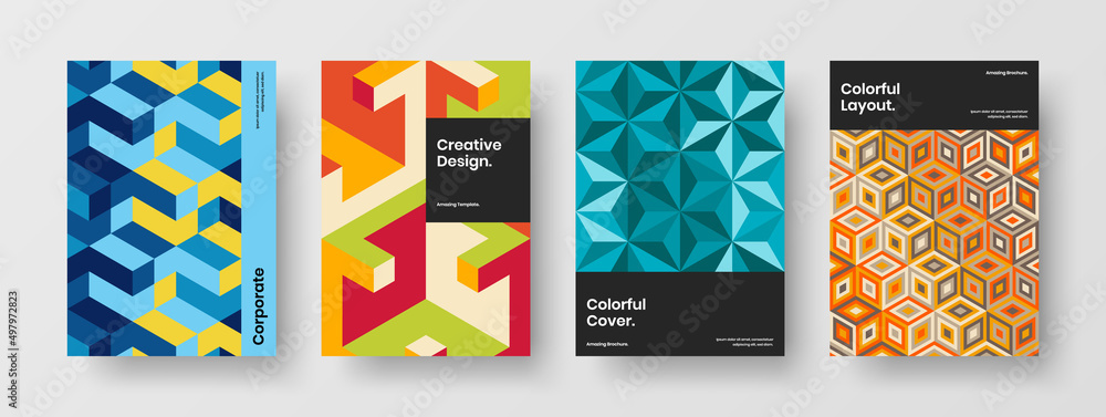 Bright company identity vector design illustration composition. Colorful mosaic shapes annual report layout collection.