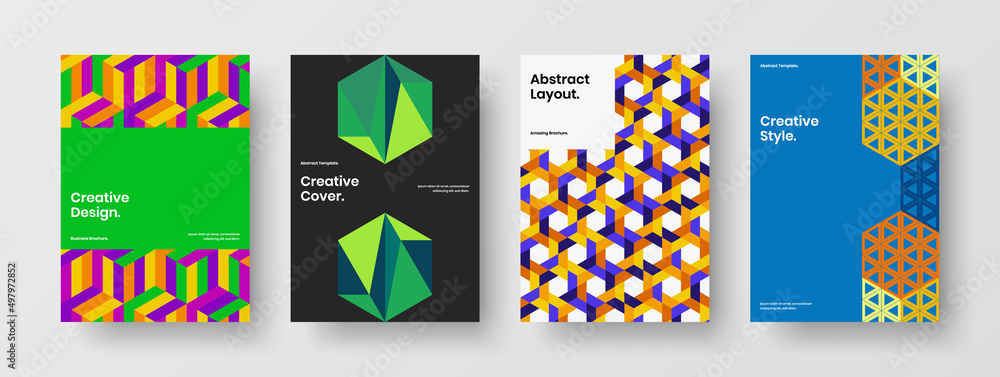 Vivid company cover A4 design vector concept set. Original mosaic hexagons corporate identity template collection.