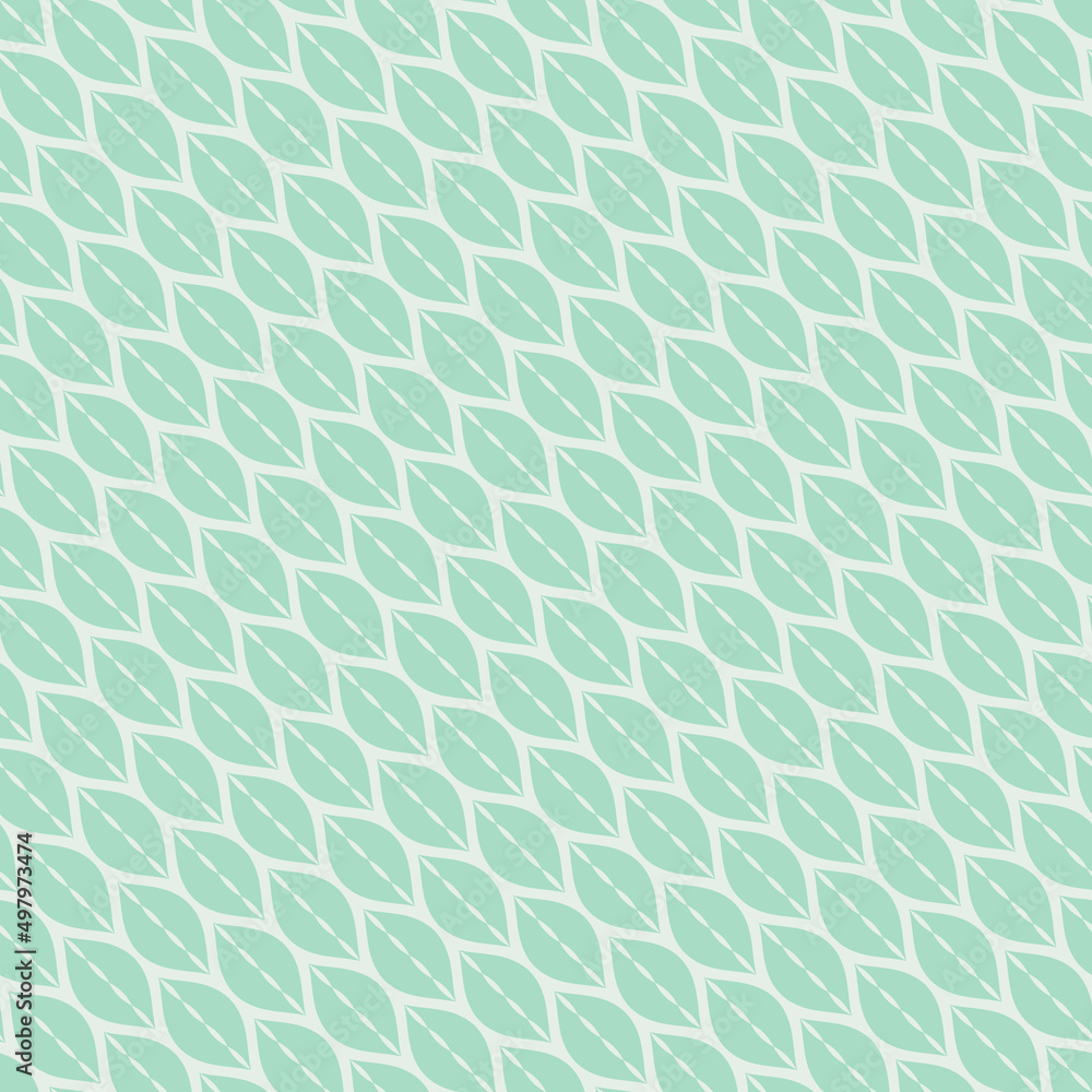 Green leaves seamless pattern. Abstract geometric background with leaf silhouettes, wavy lines, diagonal mesh. Cute minimal vector texture. Repeat design for decor, package, fabric, wallpaper, print