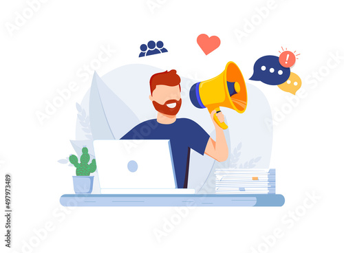 Digital presentation, digital PR, personal brand concept with man shouting. Project development abstract vector illustration set. Online advertisement, branding, successful startup metaphor. Vector