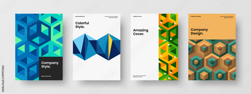Fototapeta premium Trendy corporate cover A4 design vector concept composition. Simple mosaic hexagons banner layout collection.