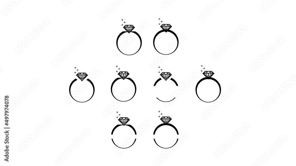 Diamond ring silhouette, isolated on white background. Diamond rings set, illustration. Diamond ring silhouette, isolated on white background. Diamond rings set, illustration.