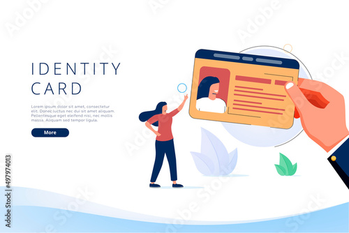 Landing page template with woman holding ID, name tag, badge. Concept of identity card with personal information.