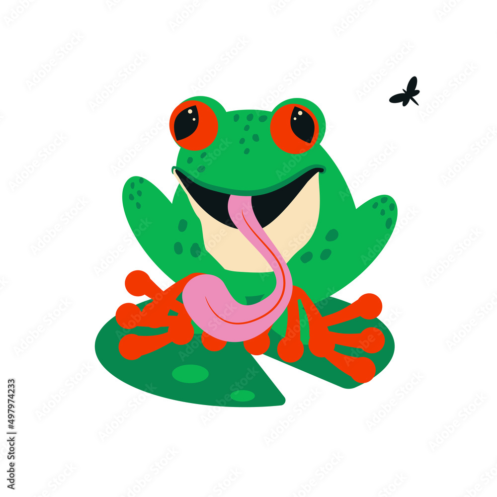 Cartoon green frog with red eyes and tongue isolated on white background Cartoon green frog with red eyes and tongue isolated on white background