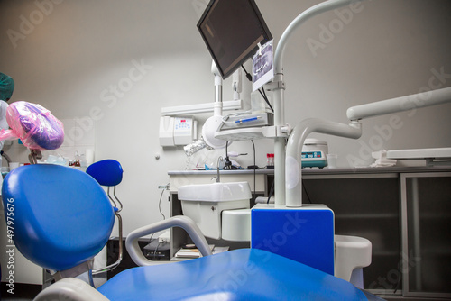 Fototapeta Naklejka Na Ścianę i Meble -  Professional dental cabinet with chair and stomatological equipment before surgery in hospital