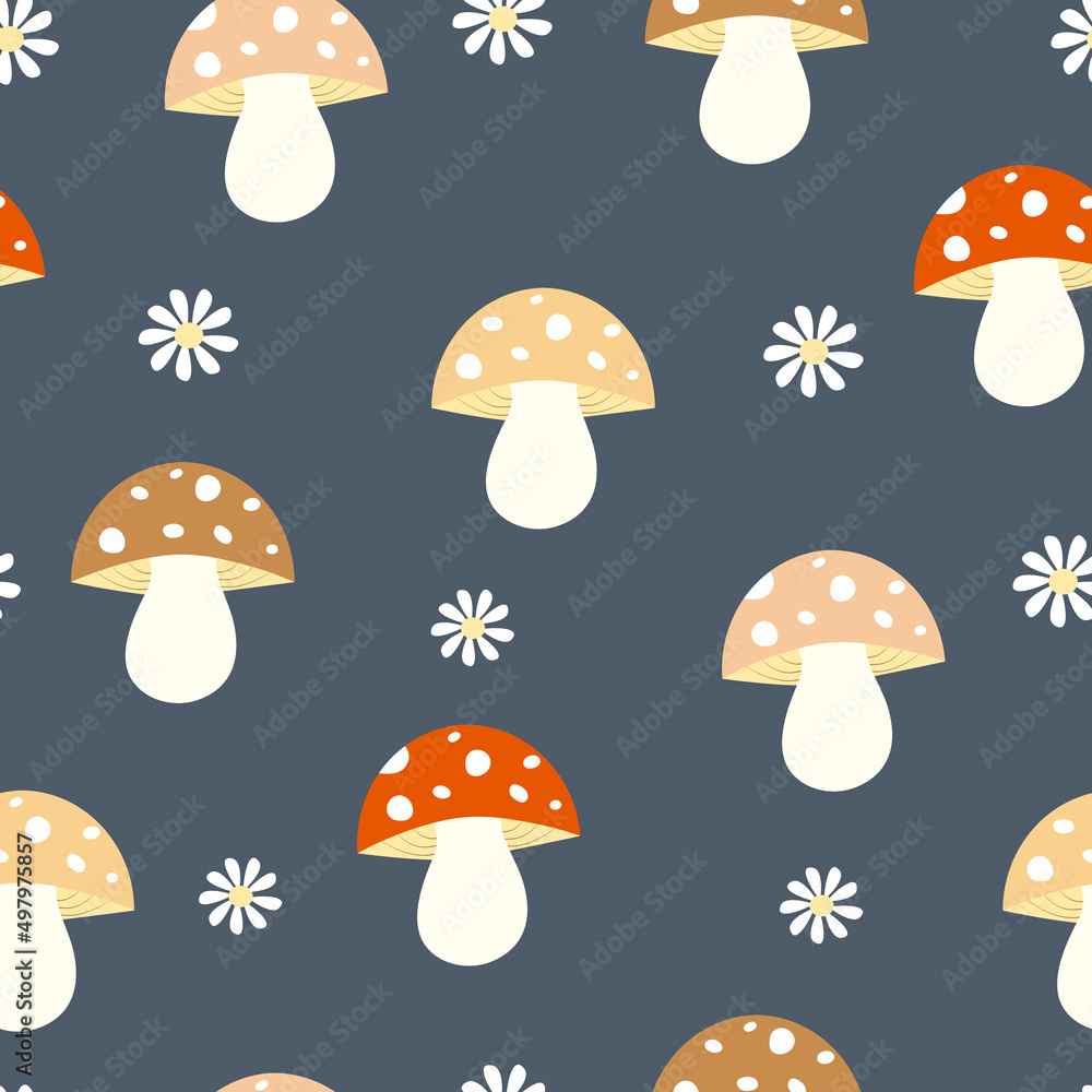 Seamless pattern with mushrooms and flowers. Vector illustration. It can be used for wallpapers, wrapping, cards, patterns for clothes and other.