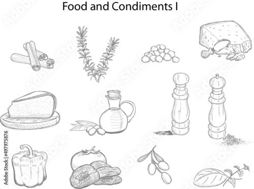 Dibujos a mano de alimentos y condimentos para la indutria restaurantera.