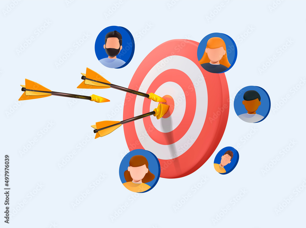 Target customer concept. Customer attraction campaign, accurate promo, advertising. 3D Web Vector Illustrations. Target customers, audience outreach, sales generation, flat design vector concept. 3D Target customer concept. Customer attraction campaign, accurate promo, advertising. 3D Web Vector Illustrations. Target customers, audience outreach, sales generation, flat design vector concept. 3D