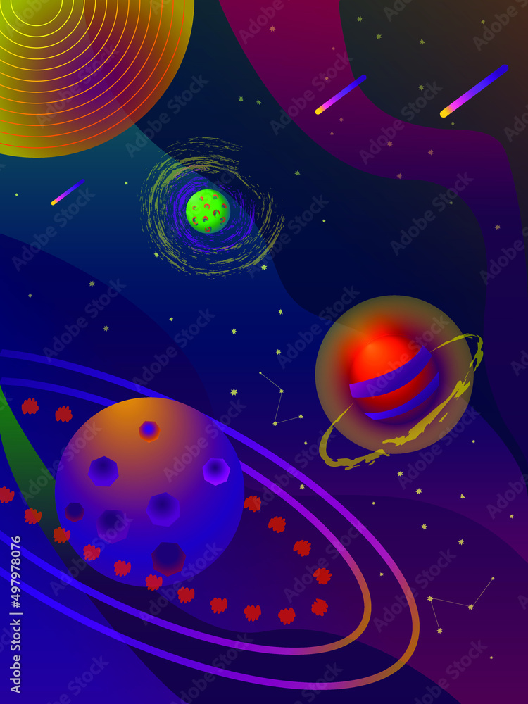 Vector image. Space, planets with orbits. Stars and falling comets.