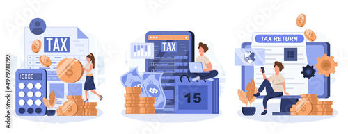 Declaration programs, easy reporting, tax website. Desktop tax filing software, mobile app tax filing software, filing online service metaphors. Vector isolated concept metaphor collection of scenes.