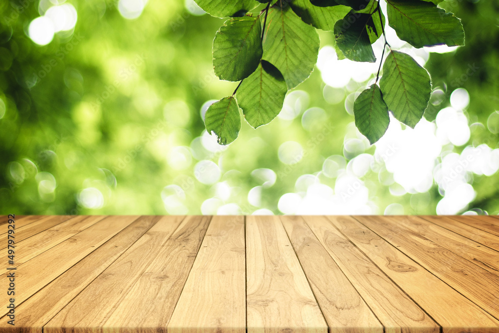 Brown Wood Plank Empty Table With Green Leaves and Nature Bokeh in Background for Display Products