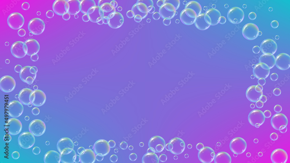 Bathtub foam. Detergent soap bubble and suds for bath. Shampoo. Blue fizz and splash. Realistic water frame and border. 3d vector illustration banner. Rainbow colorful liquid bathtub foam. Bathtub foam. Detergent soap bubble and suds for bath. Shampoo. Blue fizz and splash. Realistic water frame and border. 3d vector illustration banner. Rainbow colorful liquid bathtub foam.