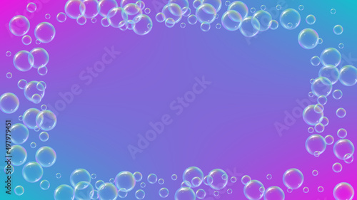 Bathtub foam. Detergent soap bubble and suds for bath. Shampoo. Blue fizz and splash. Realistic water frame and border. 3d vector illustration banner. Rainbow colorful liquid bathtub foam.