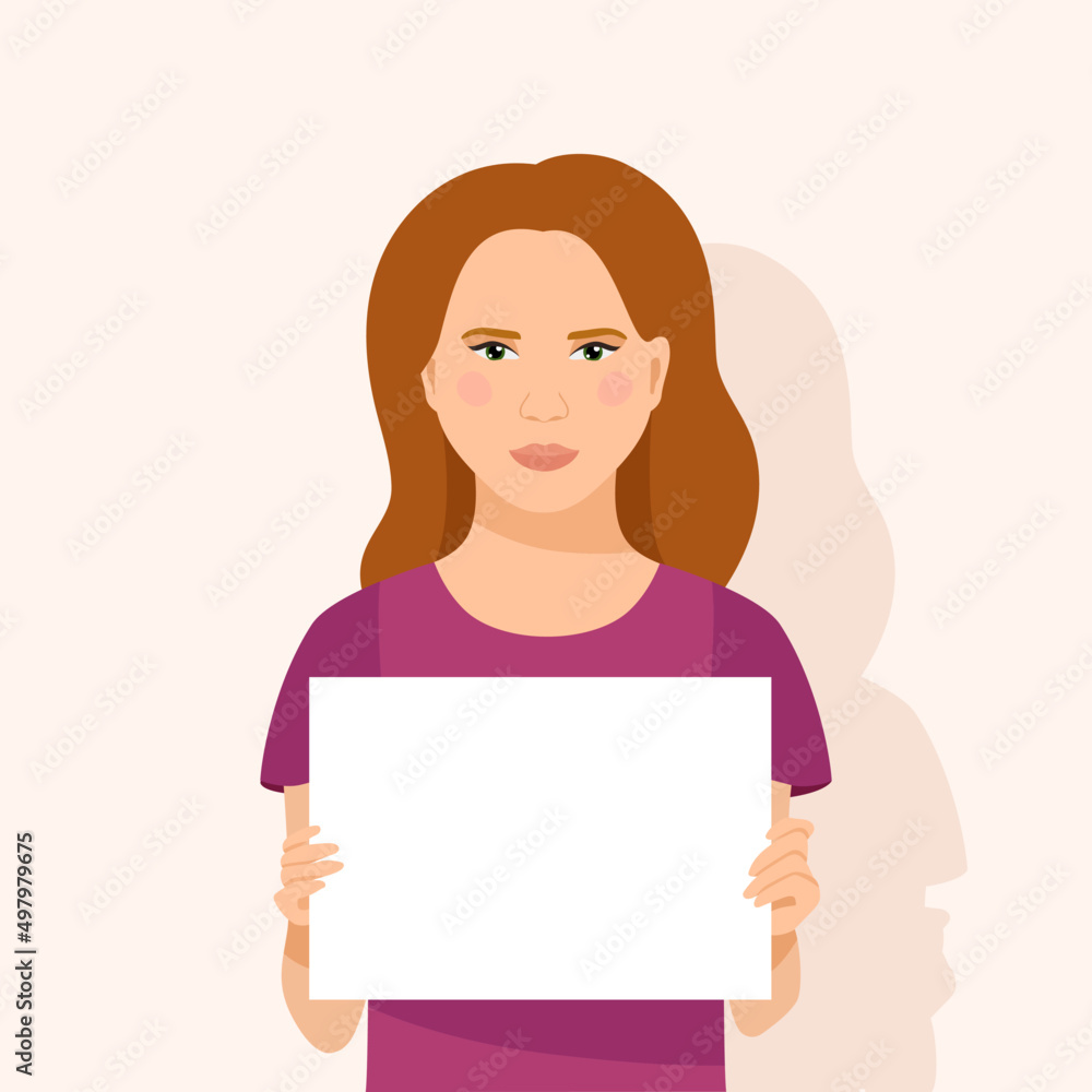 Flat vector illustration. Young girl holding a poster. Showing white paper with place for text Flat vector illustration. Young girl holding a poster. Showing white paper with place for text