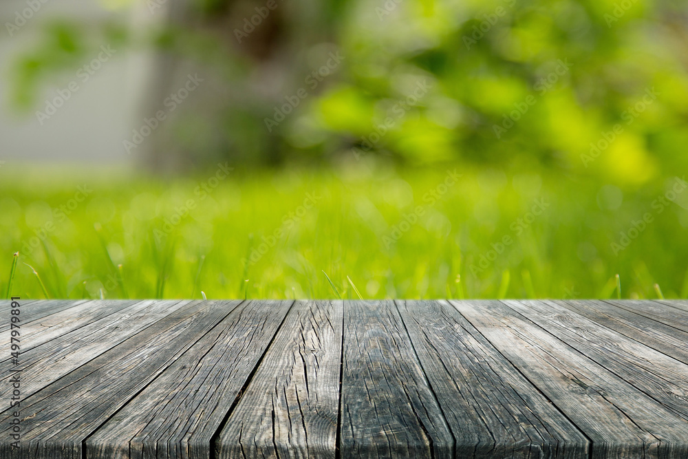 Empty Table Rustic Black Wooden Plank with Garden Background Empty Table Rustic Black Wooden Plank with Garden Background