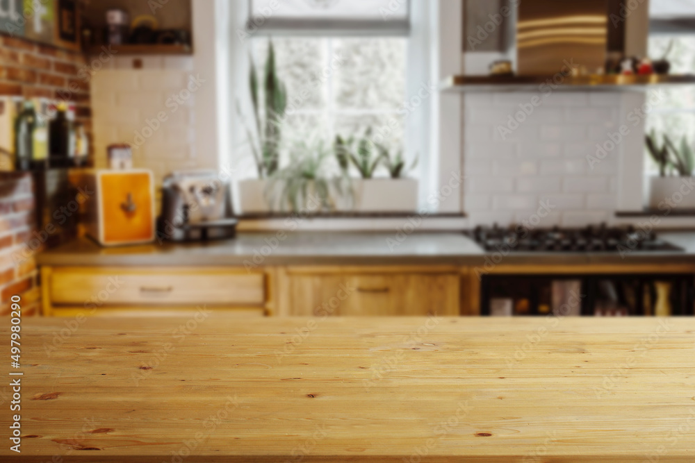 Empty Wood Table For Products Display With Blurred Old Style Kitchen Background Empty Wood Table For Products Display With Blurred Old Style Kitchen Background