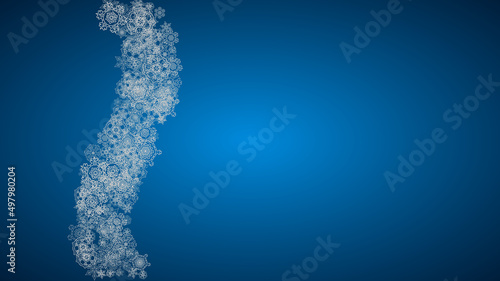 New year background with silver frosty snowflakes. Horizontal backdrop. Stylish new year background for holiday banner, card. Falling snow with sparkles and flakes for season special offers and sales.