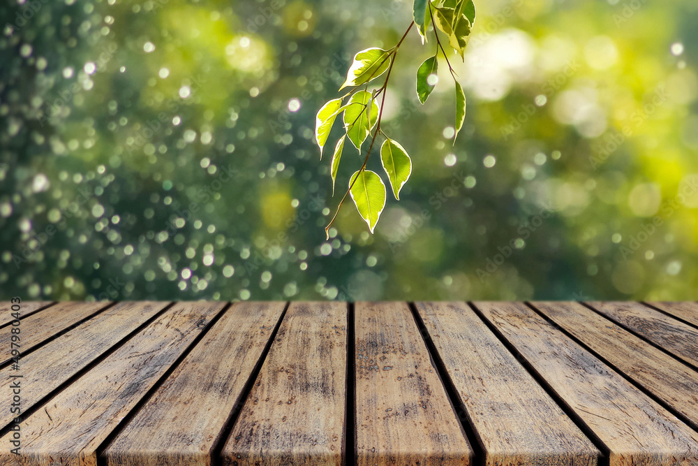 Empty Wooden Deck Table Old Rustic Brown Plank With Leaves and Bokeh ...