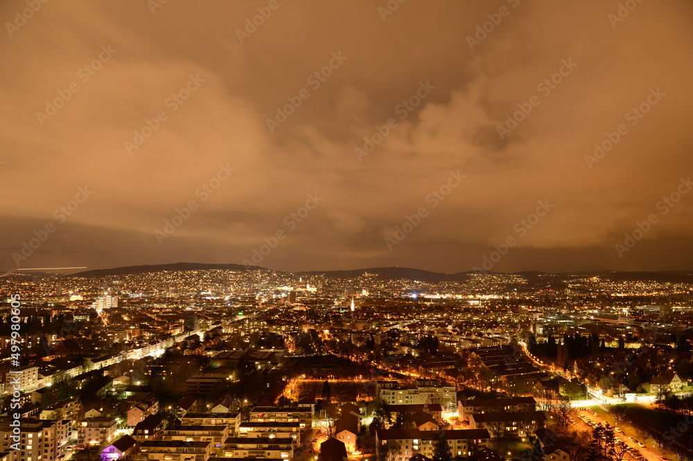 Panorama of the city of Zurich at night from the city