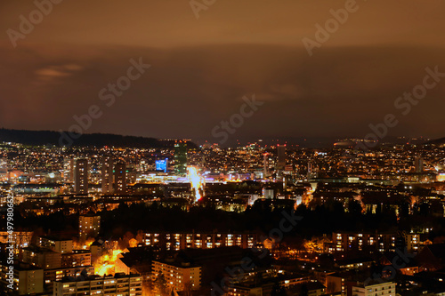 Panorama of Zurich city at night with Hardbr  cke