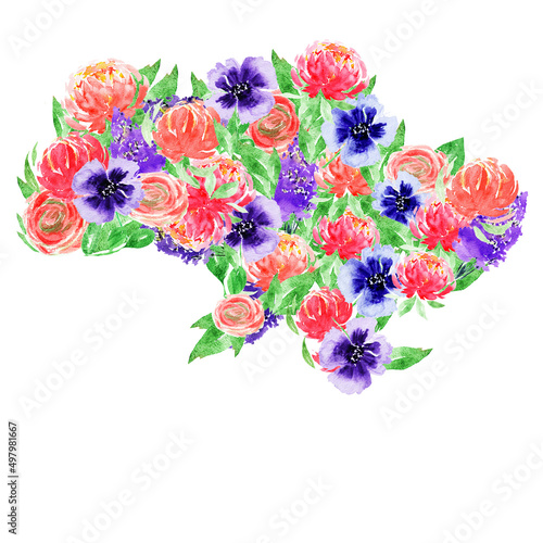 The contour of Ukraine from watercolor flowers. Hand-drawn illustration for print