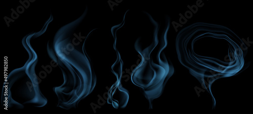 Set of several realistic transparent light blue smokes or steam, for use on dark background. Transparency only in vector format
