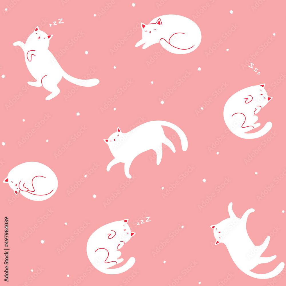 Fototapeta premium Seamless vector pattern with cute funny sleeping white cats on pink background.