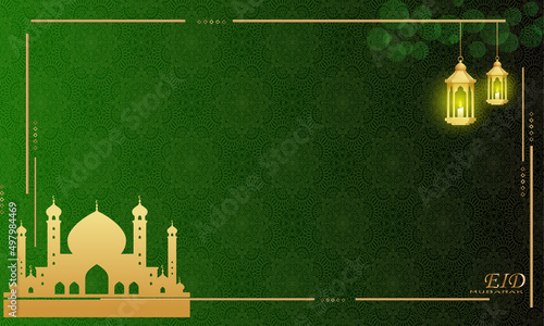 Green ramadan abstract background with mosque and golden lights