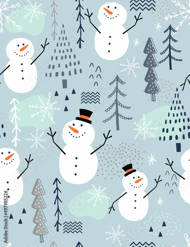 Seamless Christmas pattern with cute snowman and tree