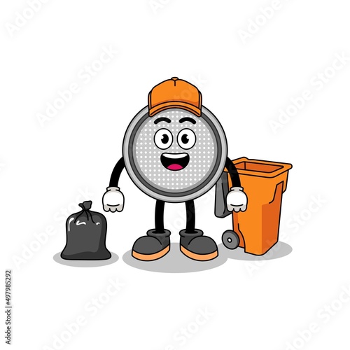 Illustration of button cell cartoon as a garbage collector