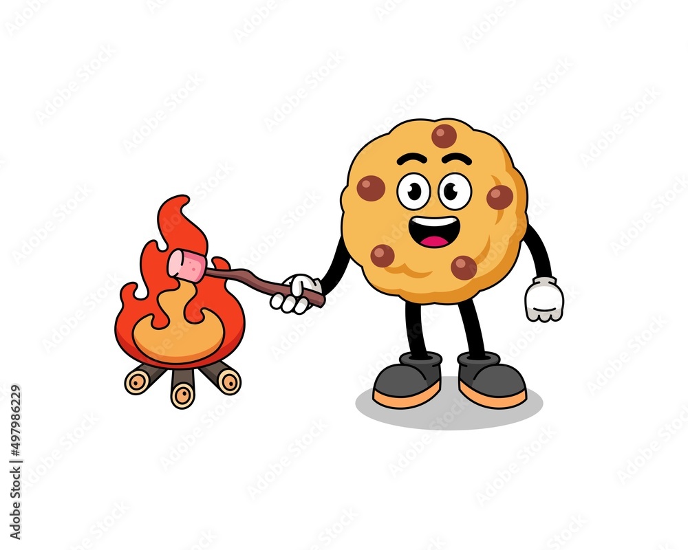 Illustration of chocolate chip cookie burning a marshmallow Illustration of chocolate chip cookie burning a marshmallow