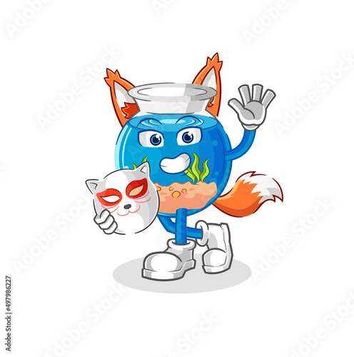 fish bowl japanese fox character. cartoon mascot
