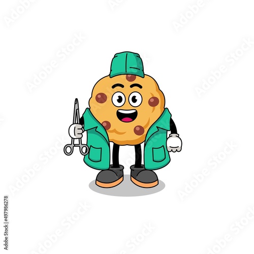 Illustration of chocolate chip cookie mascot as a surgeon