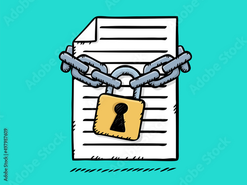 Cartoon style vector illustration of document file locked with chains and padlock