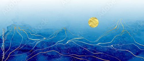 Abstract landscape art background with mountains and hills in gold line. Watercolor luxury banner with kintsugi style pattern for decor, design, wallpaper, packaging