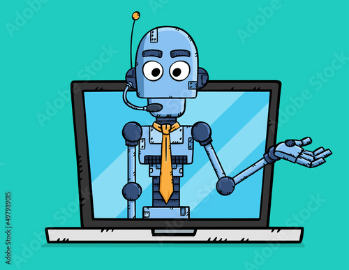 Hand drawn vector of customer support AI chat bot showing on laptop screen.