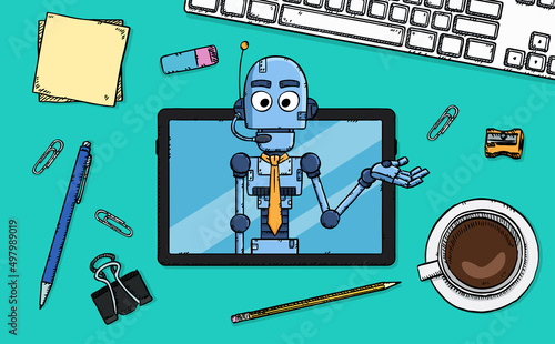 Hand drawn vector of customer support AI chat bot showing on tablet screen.