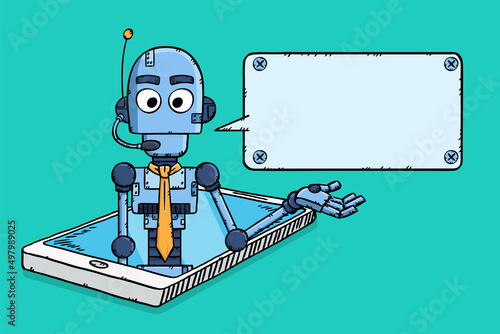 Hand drawn vector of customer support AI chat bot showing on smartphone screen with talking bubble