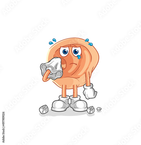 ear cry with a tissue. cartoon mascot vector
